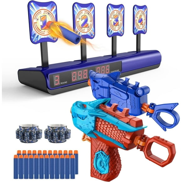 Electronic Shooting Target with 2 Foam Blaster Toy, Scoring Auto Reset Digital Targets for Blaster Toys with 24 Refill Darts & 2 Dart Bands, Ideal Gift Toy for Kids-Boys & Girls
