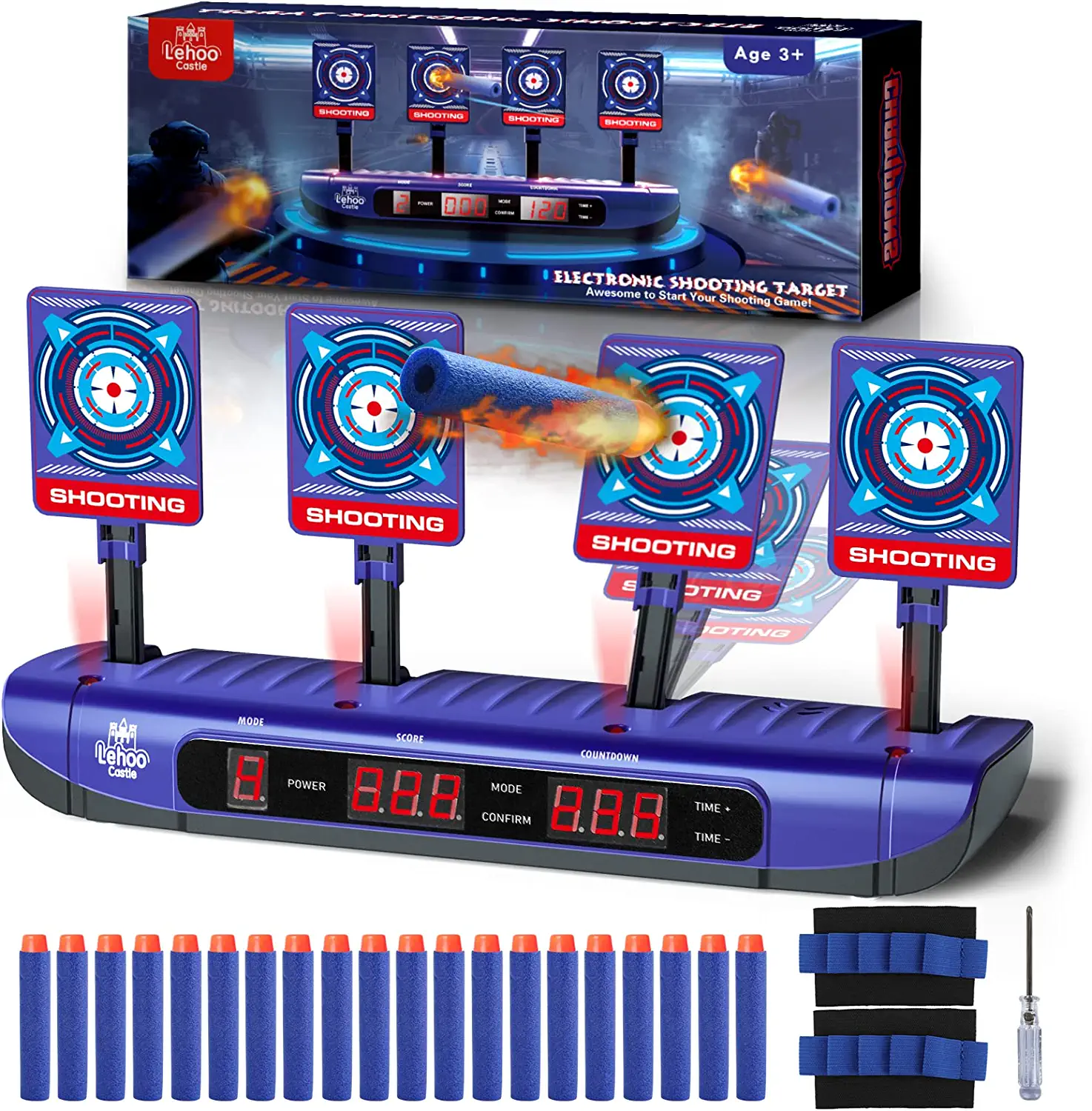 Electronic Shooting Target for Boys, Digital Auto Reset Scoring Target with 20 Refill Darts & 2 Wrist Bands, Nerf Target Toy Gift for Boys & Girls 4 5 6 7 8