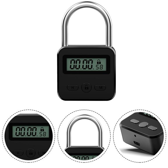 Electronic Timer Padlock with LCD Display, Zinc Alloy Rechargeable Lock to 99 Hours, Automatic Digital Safety Lock for Self Control(black)