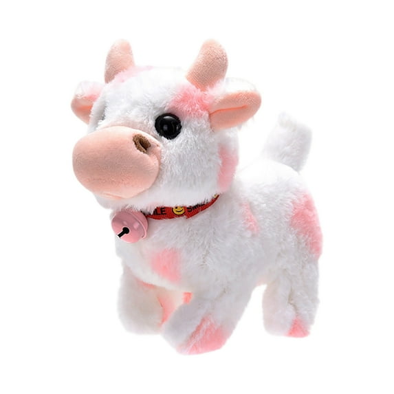 Electronic Walking Cow Plush Toy with Sound, Realistic Brown Stuffed Animal Wearing Scarf, Interactive Robotic Farm Pet, Animated Motion Figure, Hobby 7in