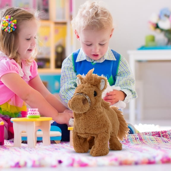 Electronic Walking Horse Plush Toy, Interactive Stuffed Pony with Sounds & Tail Wag, Realistic Animal Figures Playset, Easter Gift, Birthday Present for Bo-ys G-irls Ki-ds