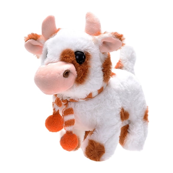 Electronic Walking and Sounding Cow Plush Toy with Scarf, Interactive Battery-Operated Animated Stuffed Animal for Boys Girls, Brown C#297 D