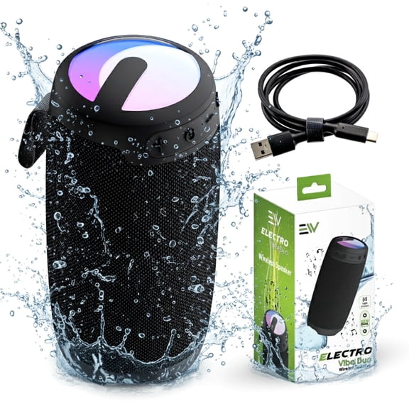 Electronic World Portable Speaker, LED Lighting, Bluetooth, with USB-C Charging Cable, Black