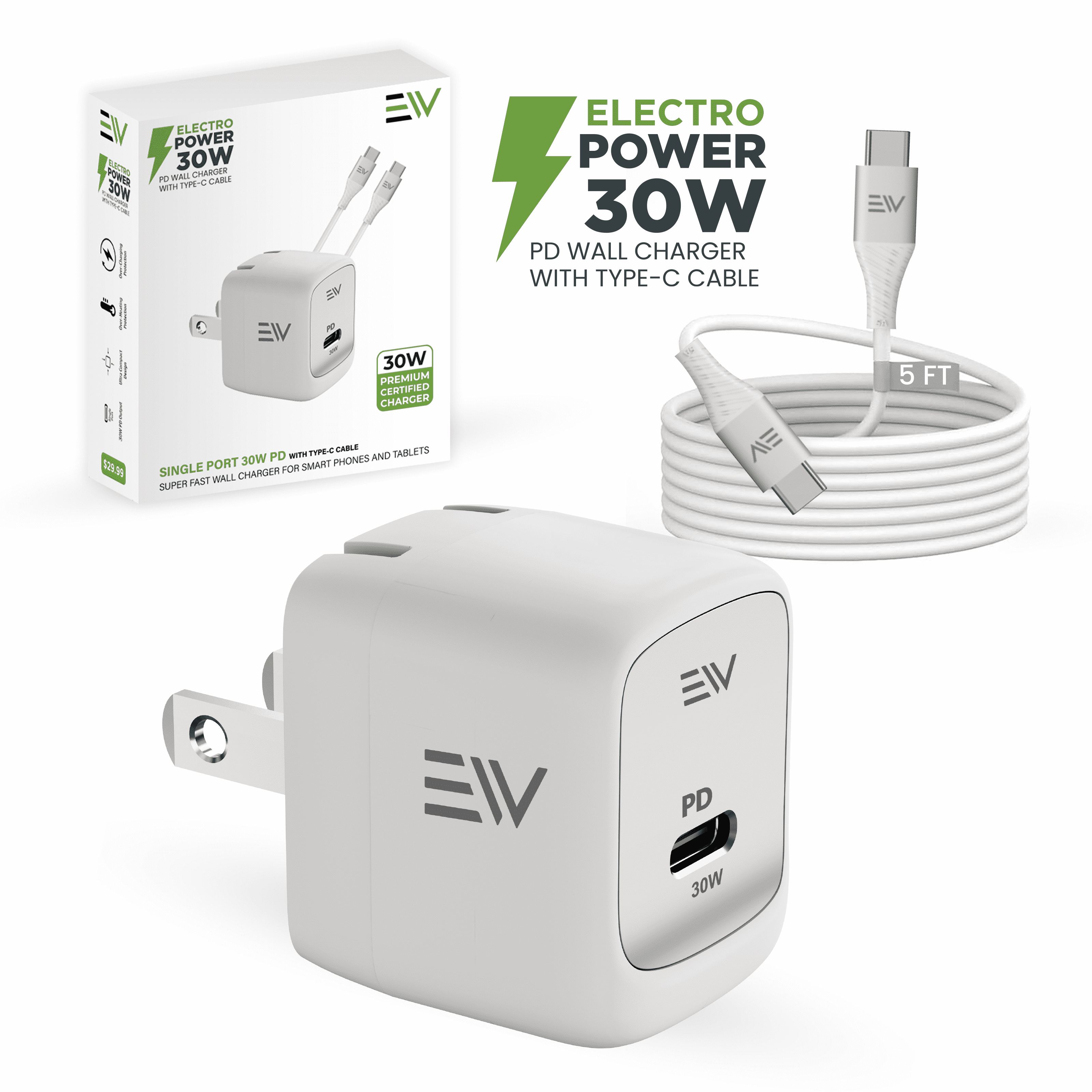 Electronic World USB C Wall Charger Compatible with Most USB-C Devices with Charging Cable, Adaptor