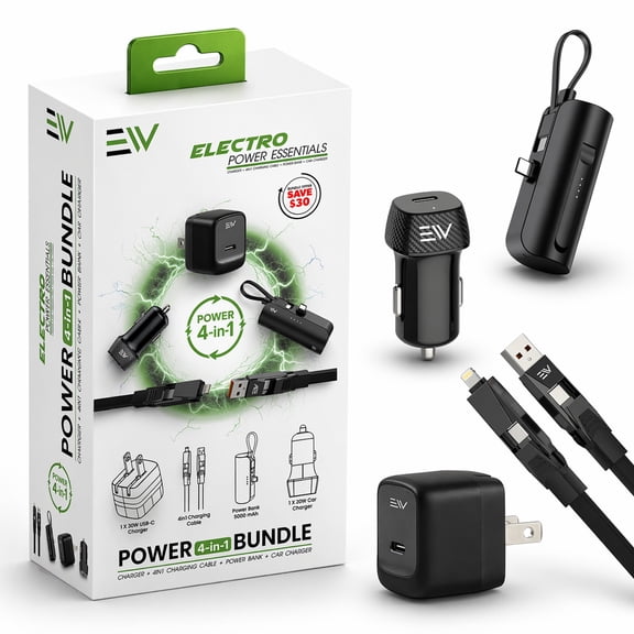 Electronic World 4-in-1 Charging Bundle Complete Fast Charging Solution with Wall Charger,Car Charger,Power Bank & Multi Charging Cable (iPhone & Android Compatible)