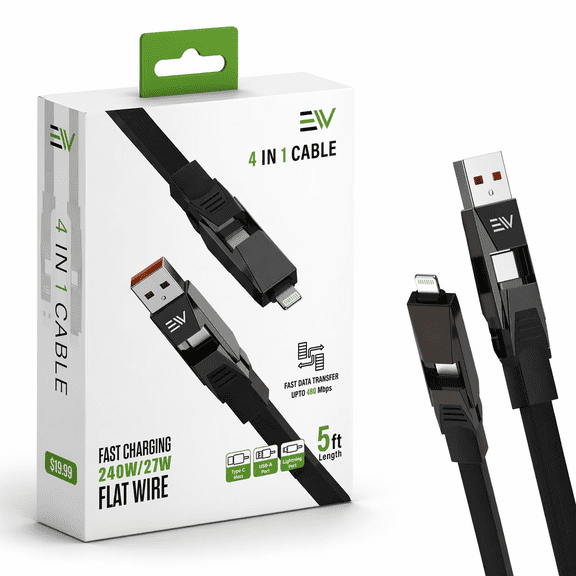 Electronic World 4-in-1 Fast Charging Cable, 240W, 5FT Flat Braided Multi Charging Cord with USB-C, USB-A & iOS Compatible Connectors, Fast Charge & Data Sync Cable for Smartphones, Tablets & Laptops