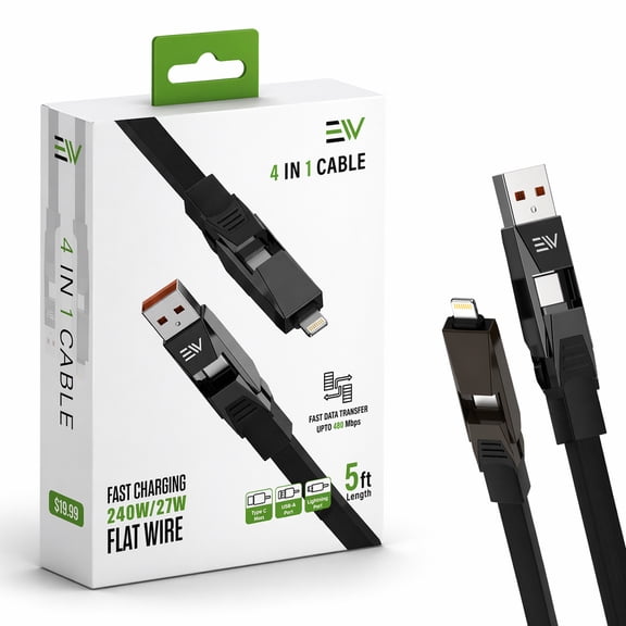 Electronic World 4-in-1 Fast Charging Cable 240W, Multi Charging Cable 5FT Flat Braided Cord Compatible with iPhone Devices, Android Phones, Tablets & Laptops, Fast Charging & Data Sync Cable - Black