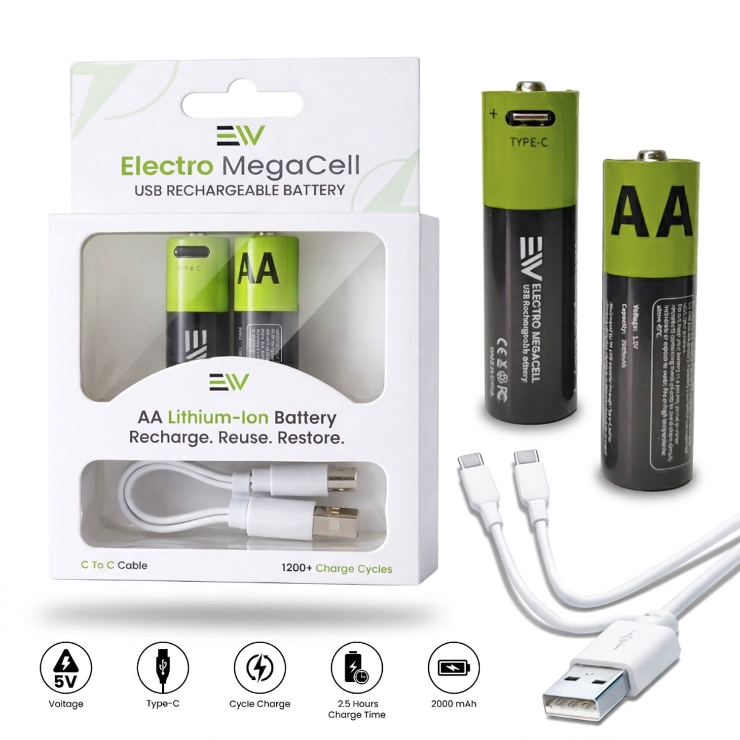 Electronic World AA Rechargeable Lithium-Ion Batteries 1.5V 2000mAh 2-Pack AA Batteries with USB C Charging Cable Long Lasting Output for Remote Flashlight Toys Mouse and Household Devices