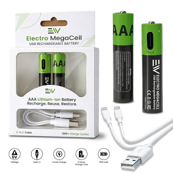 Electronic World AAA Rechargeable Batteries 2 Pack USB Rechargeable AAA Lithium Ion Batteries with USB-C Cable,Fast Charging Triple A Battery Pack for Remote,Mouse, Flashlight,Toys & Household