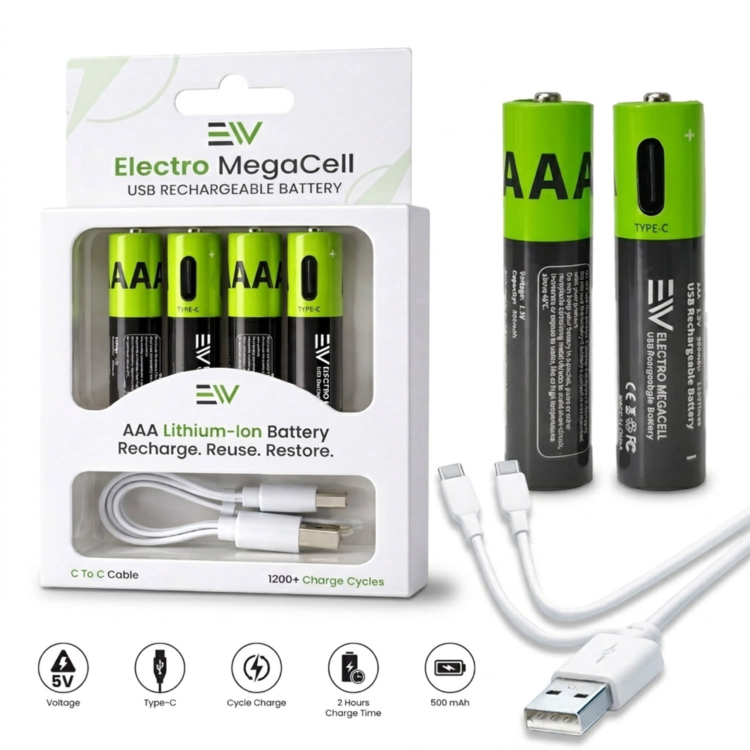 Electronic World AAA Rechargeable Batteries 4 Pack, USB-C Lithium Ion Triple A Batteries, Fast Charging Cable, Long Lasting Power for Remote, Mouse, Flashlight, Toys & Household Devices