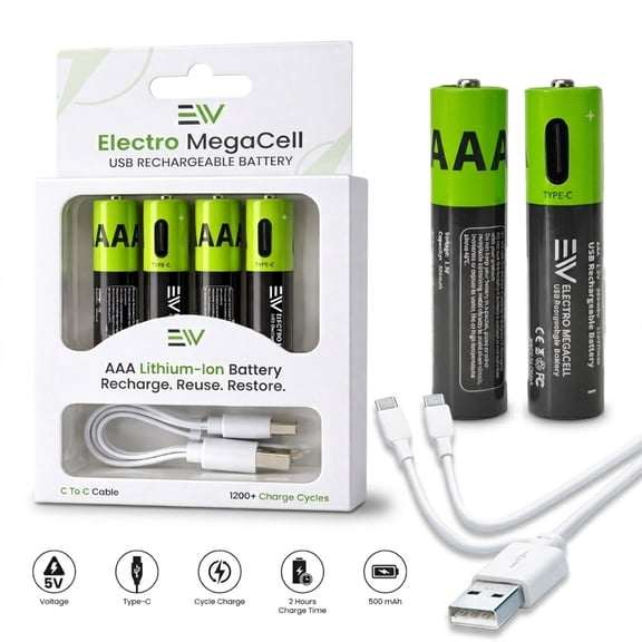 Electronic World AAA Rechargeable Batteries 4 Pack, USB-C Lithium Ion Triple A Batteries, Fast Charging Cable, Long Lasting Power for Remote, Mouse, Flashlight, Toys & Household Devices