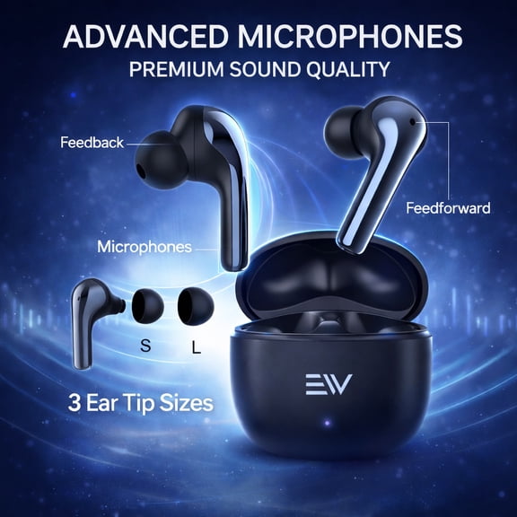 Electronic World ANC Wireless Earbuds, Bluetooth 5.3 Noise Cancelling Earbuds with 6 Mics,ENC Clear Calls, 16H Playtime, TWS Bluetooth Earbuds with Charging Case Black