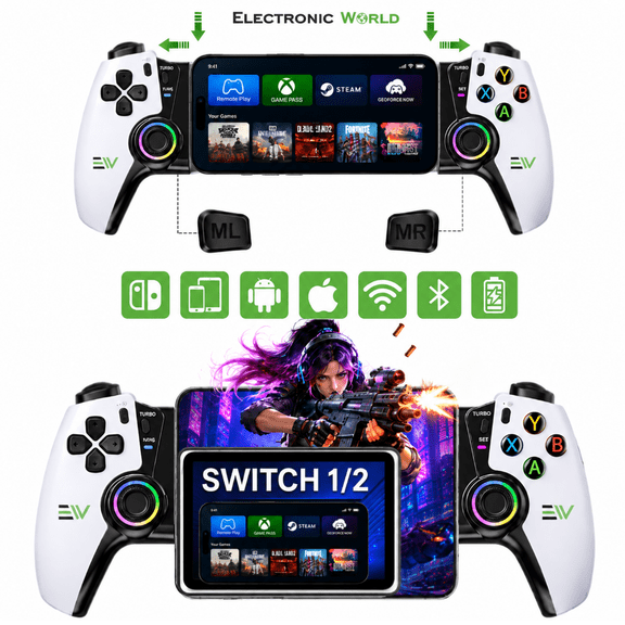 Electronic World Wireless Bluetooth Mobile Gaming Controller Gamepad for Android, iPhone, iPad,Tablets and Smart LED TV,Hall Effect Joystick, Linear Triggers, Stretchable 250mm, 800mAh Battery,