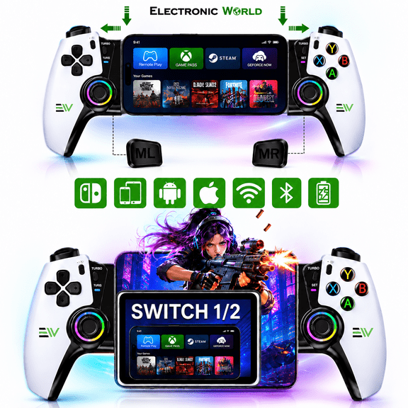 Electronic World Wireless Bluetooth Mobile Gaming Controller Gamepad for Android, iPhone, iPad,Tablets and Smart LED TV,Hall Effect Joystick, Linear Triggers, Stretchable 250mm, 800mAh Battery,