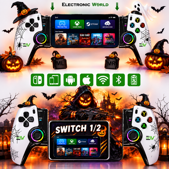 Electronic World Wireless Bluetooth Mobile Gaming Controller Gamepad for Android, iPhone, iPad,Tablets and Smart LED TV,Hall Effect Joystick, Linear Triggers, Stretchable 250mm, 800mAh Battery,