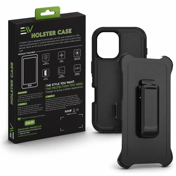 Electronic World Holster Case with Belt Clip, Rugged Protective Phone Case, Heavy Duty Snap-On Cover with Drop Protection for iPhone