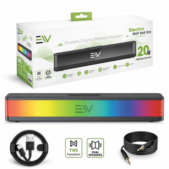 Electronic World Mini Bluetooth Soundbar Speaker, 20W Portable Wireless Speaker for TV, PC and Laptop, Bluetooth 5.3, AUX, USB and TF Card Support, Includes USB and AUX Cable