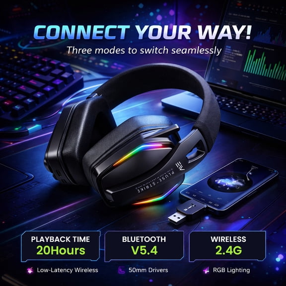 Electronic World Wireless Bluetooth Gaming Headset with Mic, Over-Ear Noise Cancelling Headphones with Microphone for PC, Computer, Xbox & Work, RGB Lights, Low Latency, 60H Battery Life