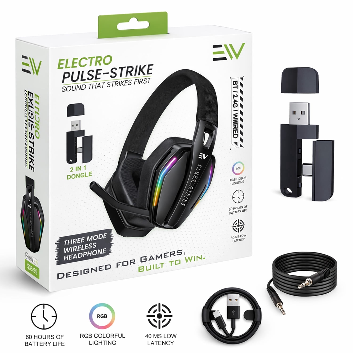 Electronic World Wireless Bluetooth Gaming Headset with Mic, Over-Ear Noise Cancelling Headphones with Microphone for PC, Computer, Xbox & Work, RGB Lights, Low Latency, 60H Battery Life