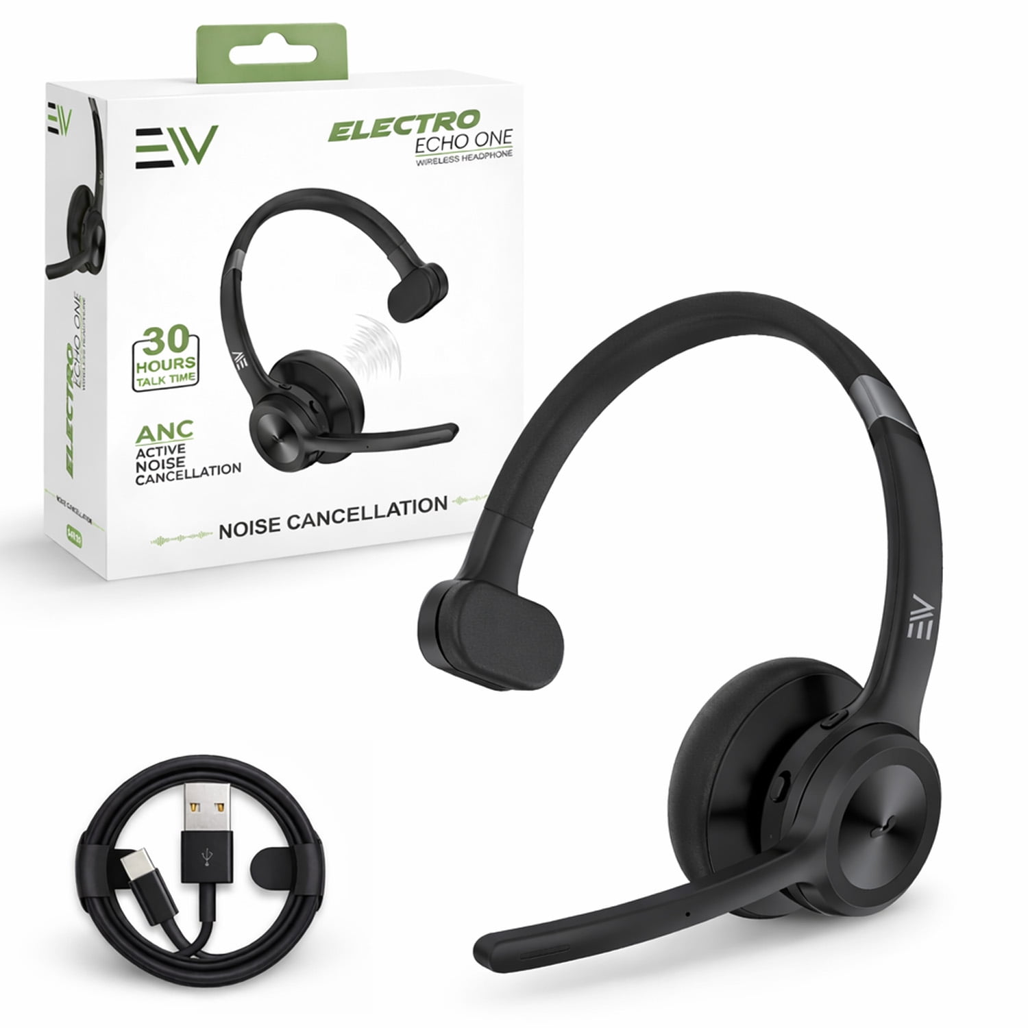 Electronic World Wireless Bluetooth Headset with Mic,Noise Cancelling Trucker & Call Center Headphones,30H Talk Time,Computer Headset for Work,Laptop, Phone & PC (Black)