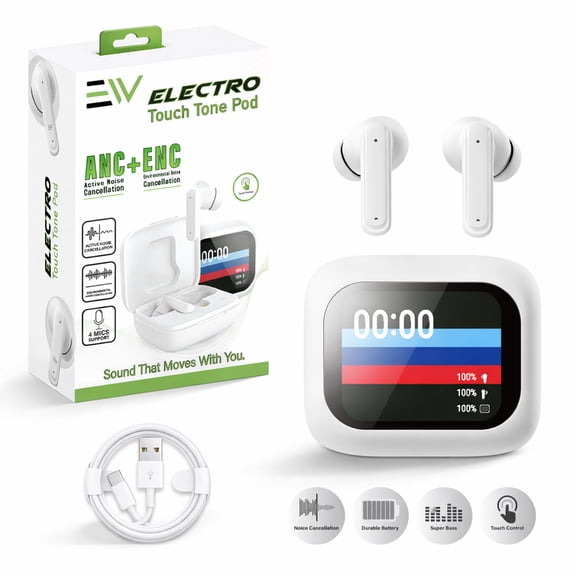 Electronic World Wireless Earbuds Bluetooth 5.3 Noise Cancelling Earbuds with ANC ENC Touch Screen Case USB C Charging Built In Mic White