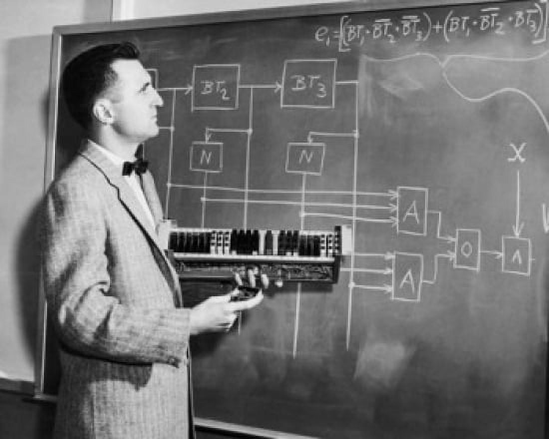 Electronic engineer holding building blocks and explaining logical diagram Canvas Art - (24 x 36)