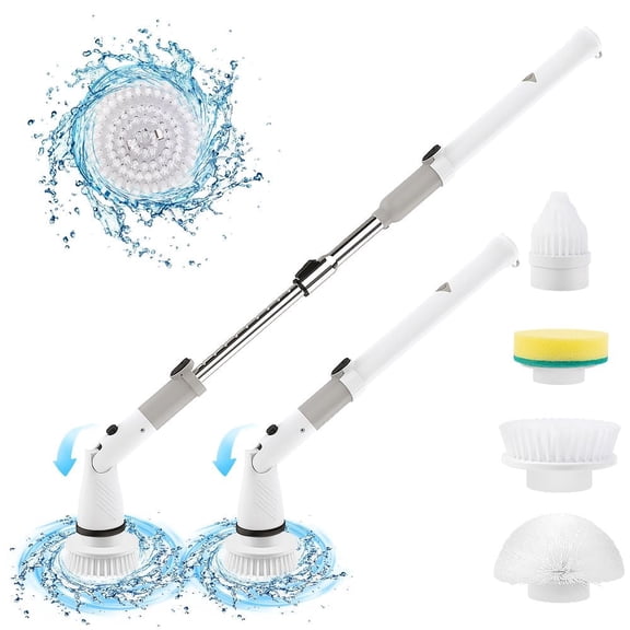 Electronic spin scrubber, Brush Floor Scrubber with Adjustable Extension Arm and 4 Replaceable Bathroom Cleaning Brush Heads, Ideal for Tub, Tile, and Floor