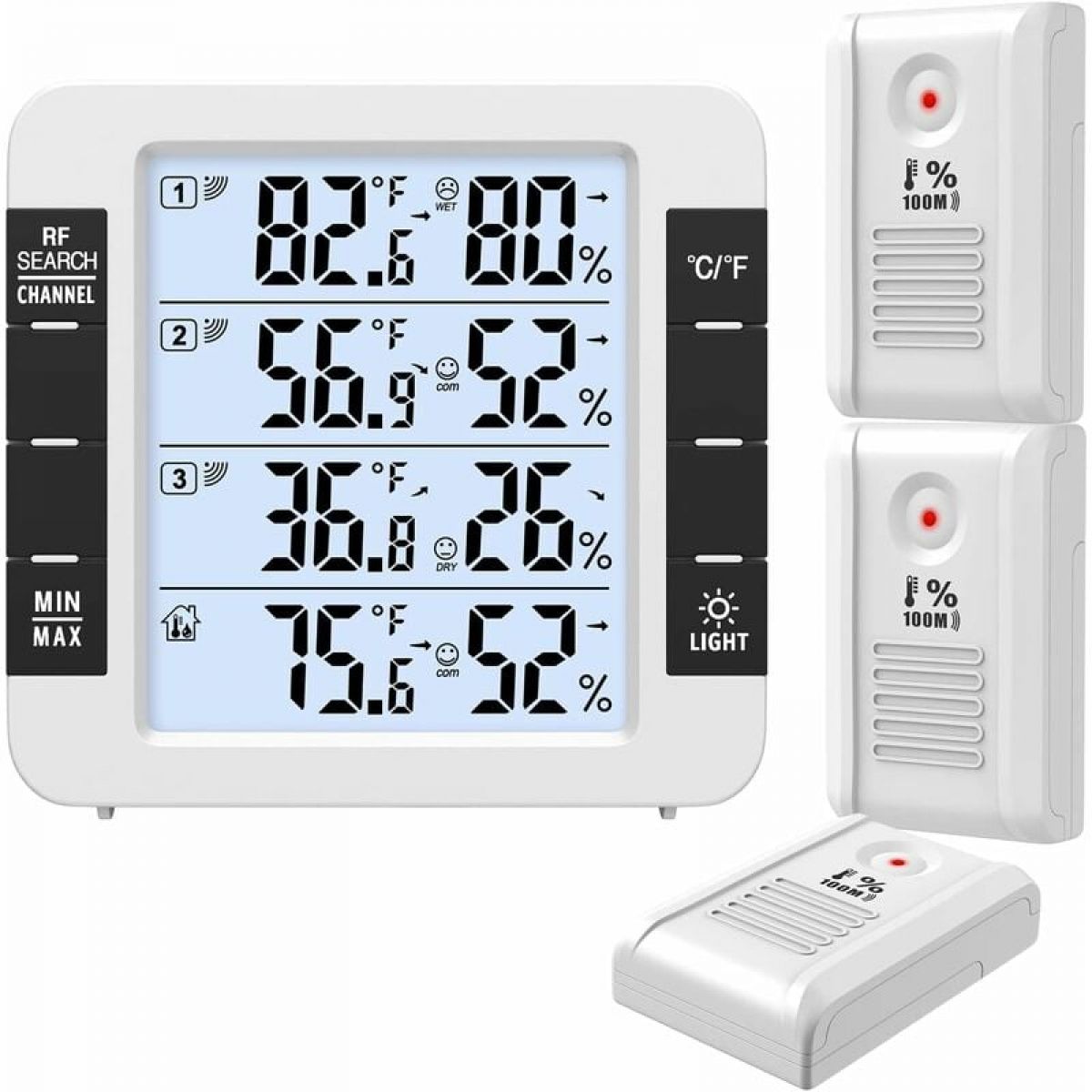 Electronic thermometer with 3 wireless sensors, monitors humidity and ...