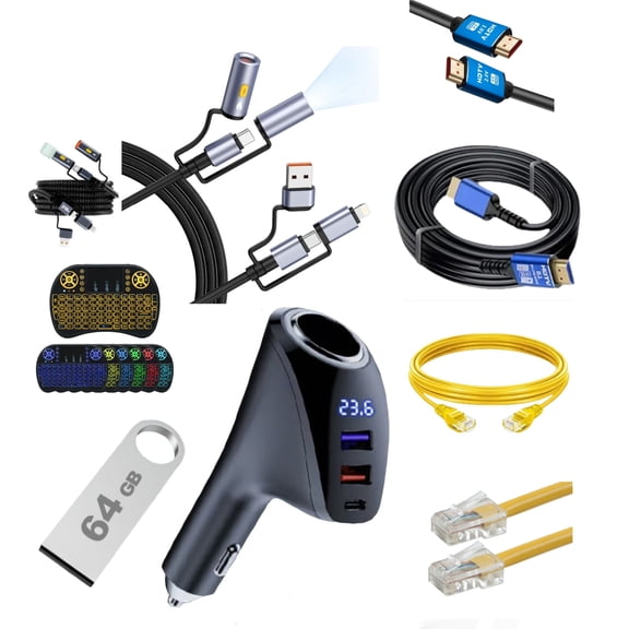 Electronics Accessories Gift Bundle (6-in-1) USB Flash Drive, HDMI Cable, Ethernet Cable, Multi Charging Cable, Car Charger & Mini Keyboard Travel & Office Essentials Kit