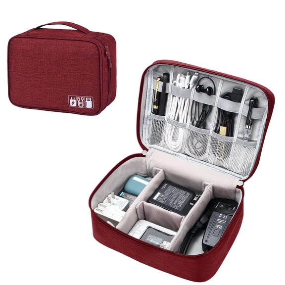 Electronics Accessories Organizer Bag, Portable Travel Digital Storage Bags Case for Cable, Cord, Charger, Phone, Adapter, Power Bank, Hard Drives (9.45in x 7.09in), Wine Red