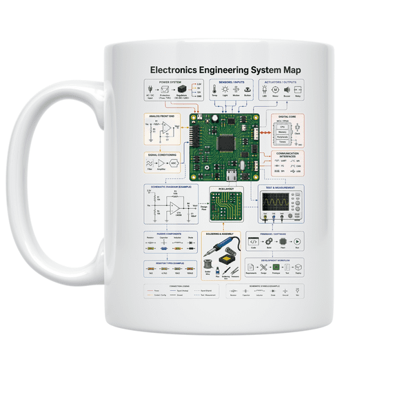 Electronics Engineering System Map Mug, Electronics Engineers, Makers, Learning Spaces, and Technical Design, 11 oz White Ceramic