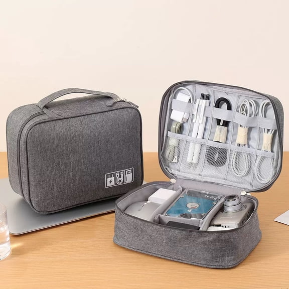 Electronics Organizer Travel Case, Portable Cable Organizer Bag with Handle, Double Layer Electronic Accessories Storage Bag for Charger, Cords, USB Flash Drive, Camera, Power Adapter, Gray