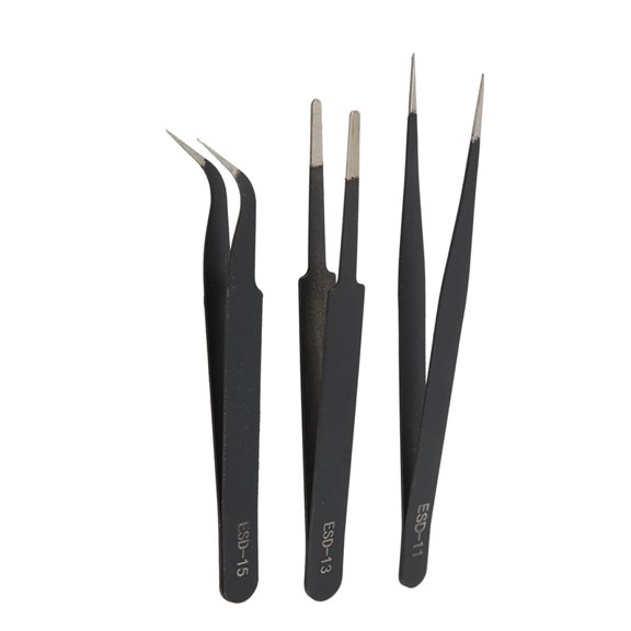 Electronics Repair and Model Building 3-Piece Anti-Static Stainless Steel Tweezers Set - ESD 11/13/15, OPP Bag Packaged