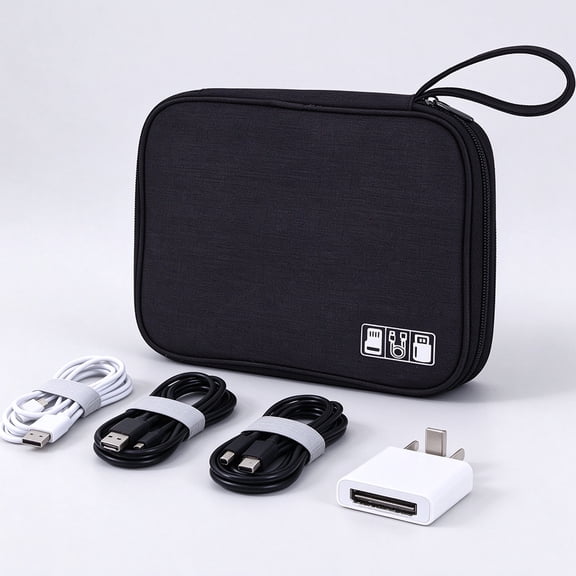 Electronics Travel Organizer Case, Tech Accessories Storage Bag for Phone, Power Bank, SD Card, Cables, Black