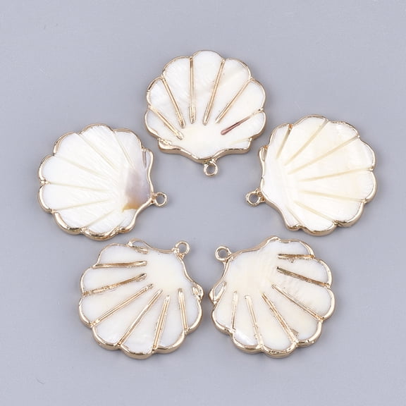 Electroplate Freshwater Shell Pendants with Iron Findings Shell Light Gold 31~31.5x28~29x3mm Hole: 1.8mm