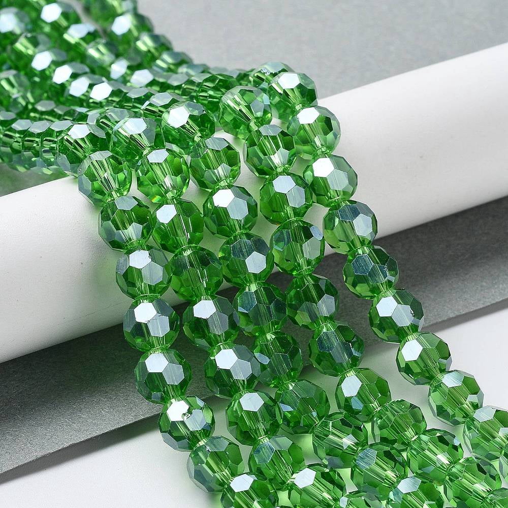 Electroplate Glass Bead Strands Pearl Luster Plated Faceted(32 Facets) Round Green 8x7mm