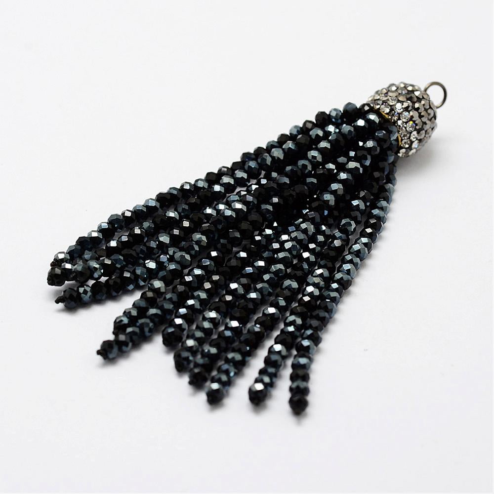 Electroplate Glass Bead Tassel Big Pendants with Brass Rhinestone Findings Black 76x10.8mm Hole: 2.5mm Black