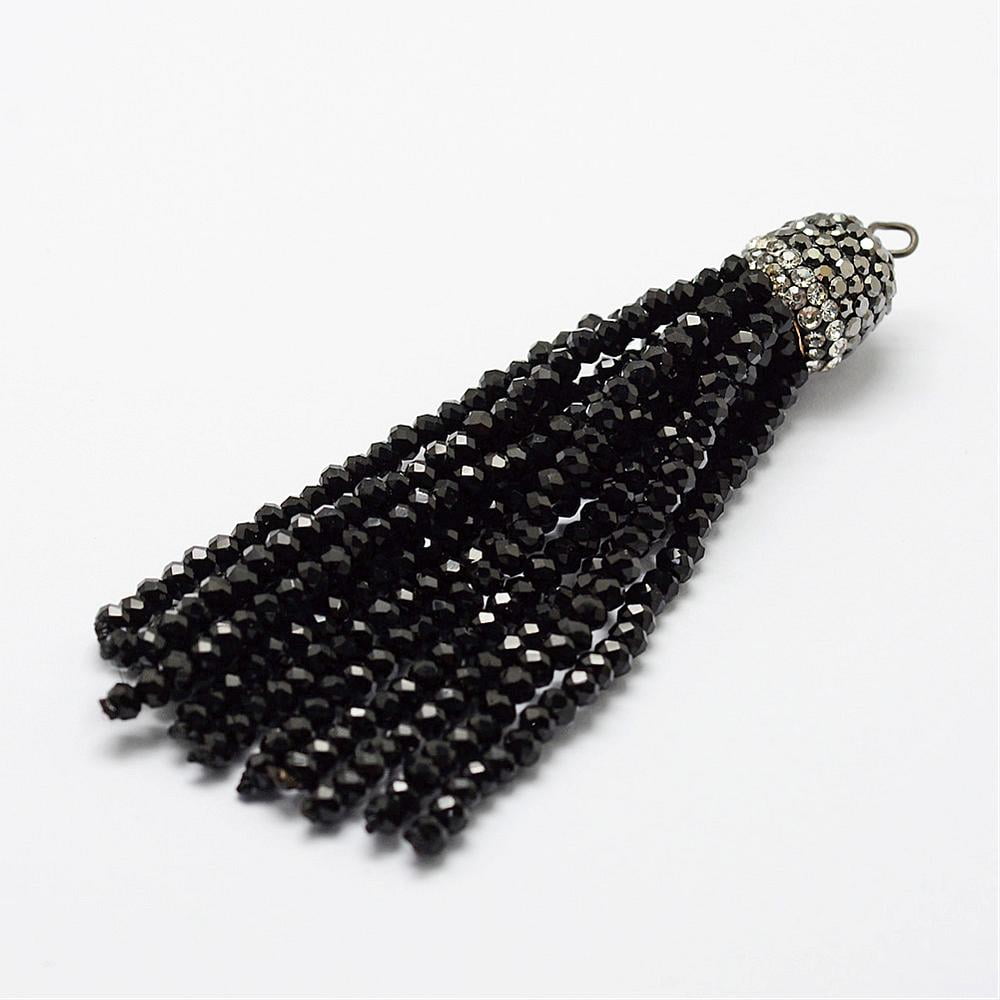 Electroplate Glass Bead Tassel Big Pendants with Brass Rhinestone Findings Black 76x10.8mm Hole: 2.5mm