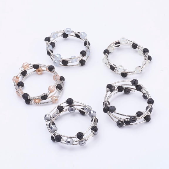 Electroplate Glass Bead Wrap Bracelets 4-Loop with Natural Lava Rock Beads Zinc Alloy Bead Caps and Brass Tube Beads Mixed Color 2-1/8 inch(54mm) DIY