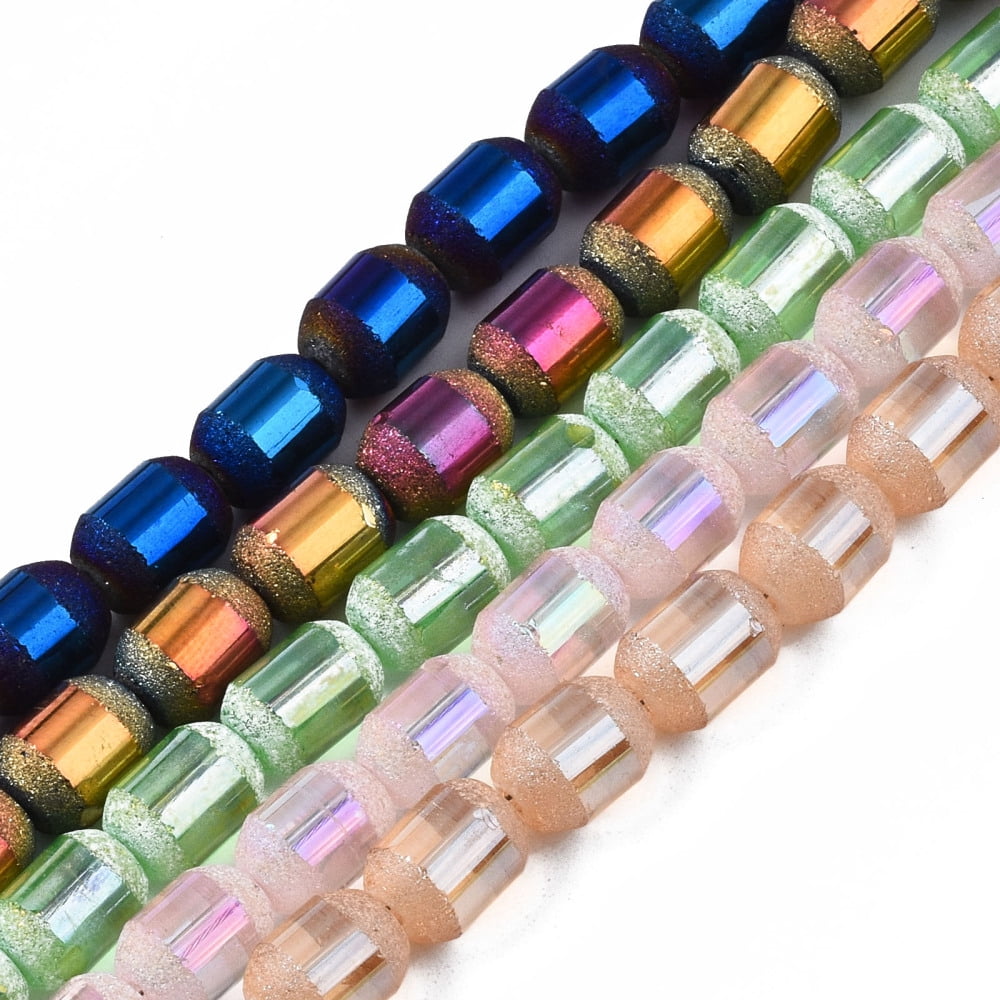Electroplate Glass Beads Strands Frosted Barrel Mixed color 9x7mm Hole: 1mm about 60~62pcs/strand 21.50~22.13 inch(54.6~56.2cm)