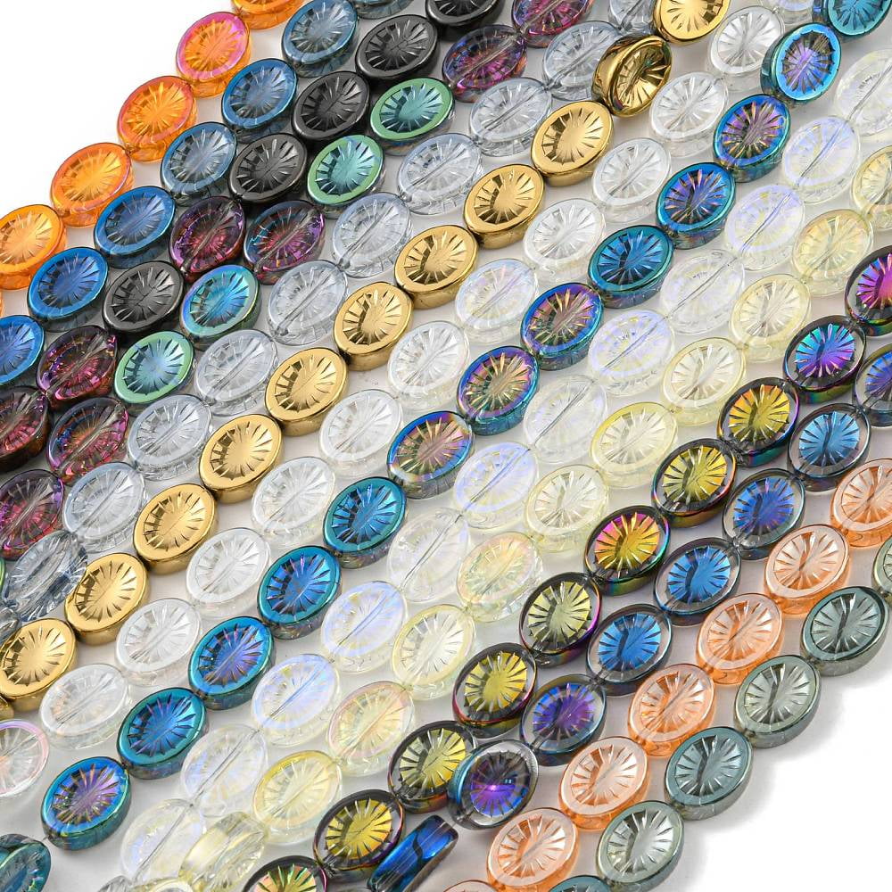 Electroplate Glass Beads Strands Oval with Flower Mixed Color 14x10.4x4.8mm Hole: 1.2mm about 45pcs/strand 25.04 inch(63.6cm)