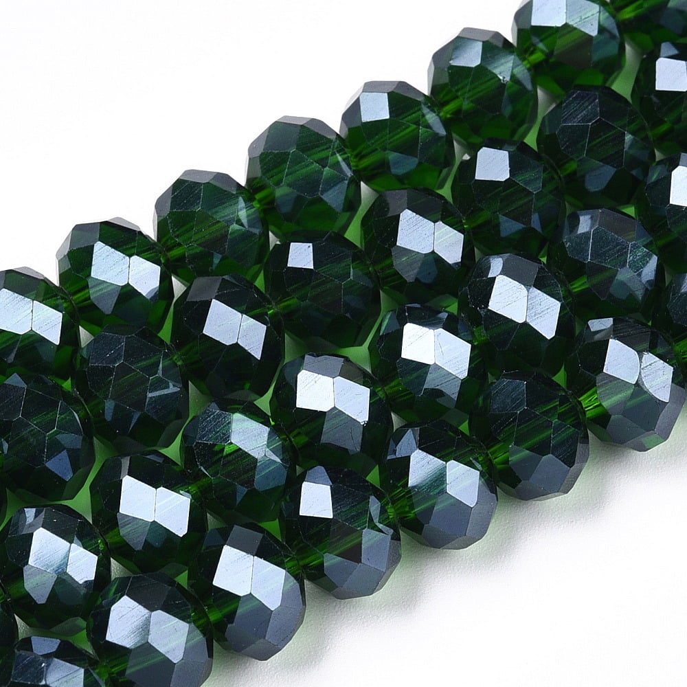 Electroplate Glass Beads Strands Pearl Luster Plated Faceted Rondelle Dark Green 10x8mm Hole: 1mm about 63~65pcs/strand 49~50cm