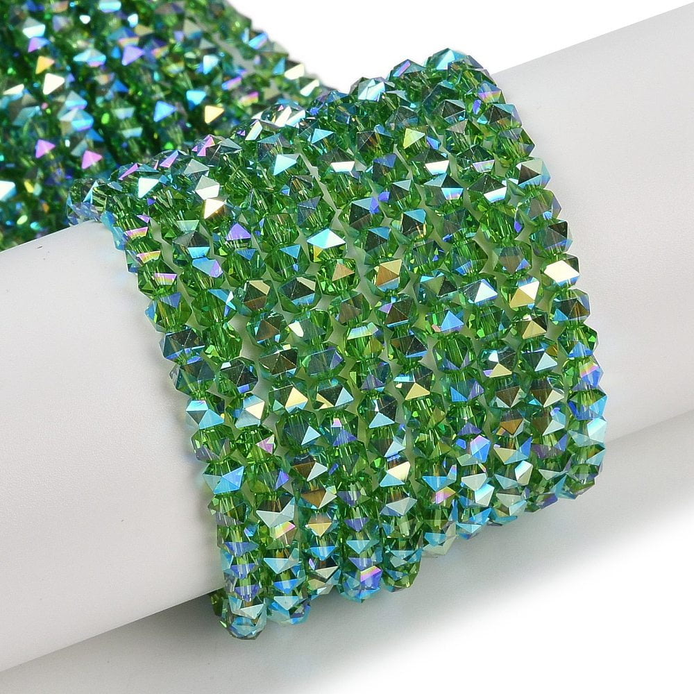 Electroplate Glass Beads Strands Pearl Luster Plated Faceted Star Green 3x4x4mm Hole: 1mm 98pcs/strand 12.60''(32cm)