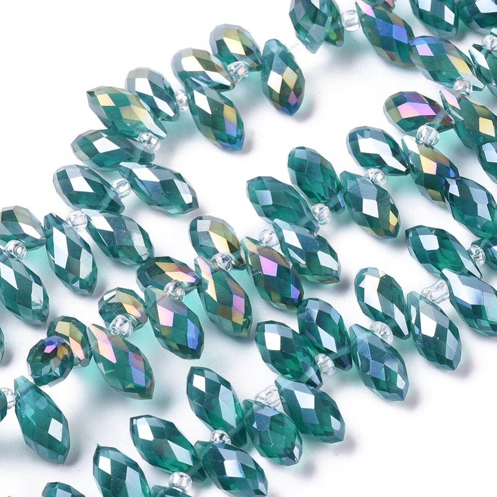 Electroplate Glass Faceted Teardrop Beads Strands Top Drilled Beads AB Color Plated Teal 11.5~13x6mm Hole: 1mm about 92~95pcs/strand 16.5 inch