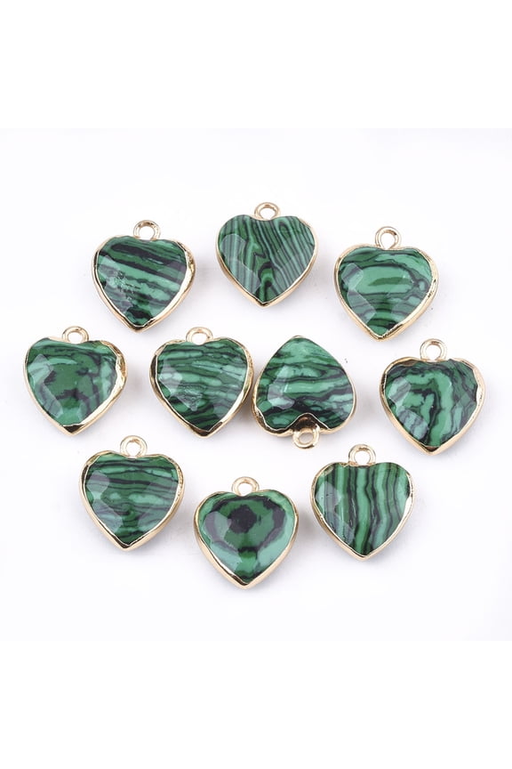 Electroplate Malachite Pendants with Cadmium Free Nickel Free Lead Free Iron Findings Faceted Heart Golden 16~17x14~15x6~7mm Hole: 1.8mm