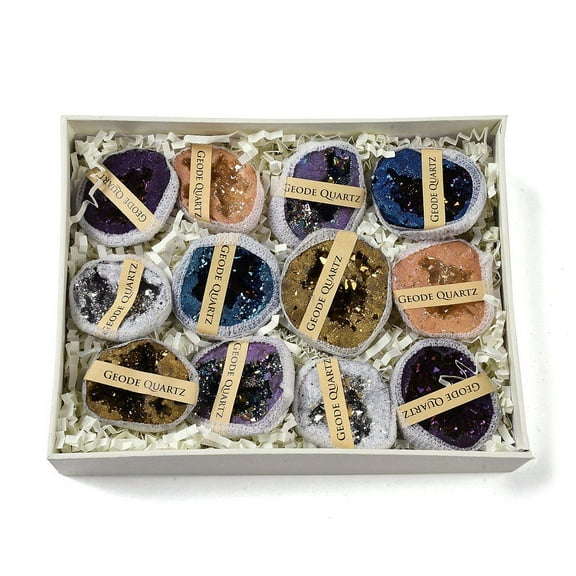 Electroplate Natural Agate Geode Cornucopia Mineral Specimen Raw Crystal Cluster Healing Crystal Home Decor Gift with Paper Box 39.5~48X35~48X13~19mm