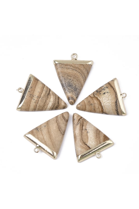 Electroplate Natural Picture Jasper Pendants with Iron Findings Triangle Golden 30~34x23x5~5.5mm Hole: 1.6mm Picture Jasper