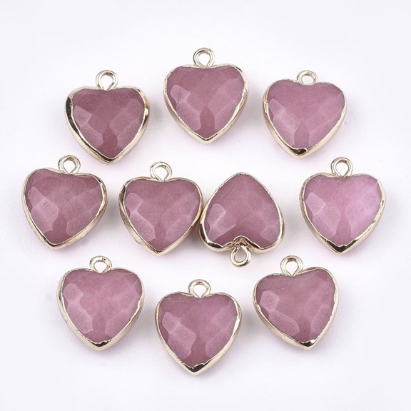 Electroplate Natural White Jade Pendants with Iron Findings Faceted Heart Dyed Flamingo Golden 16-17x14-15x6-7mm Hole: 1.8mm
