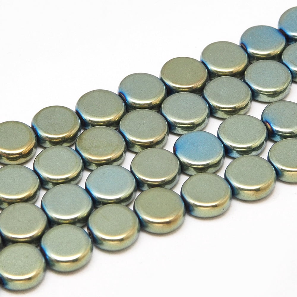Electroplate Non-magnetic Hematite Beads Strands Flat Round Green Plated 8x3mm Hole: 0.5mm 56pcs/strand 16.1 inch