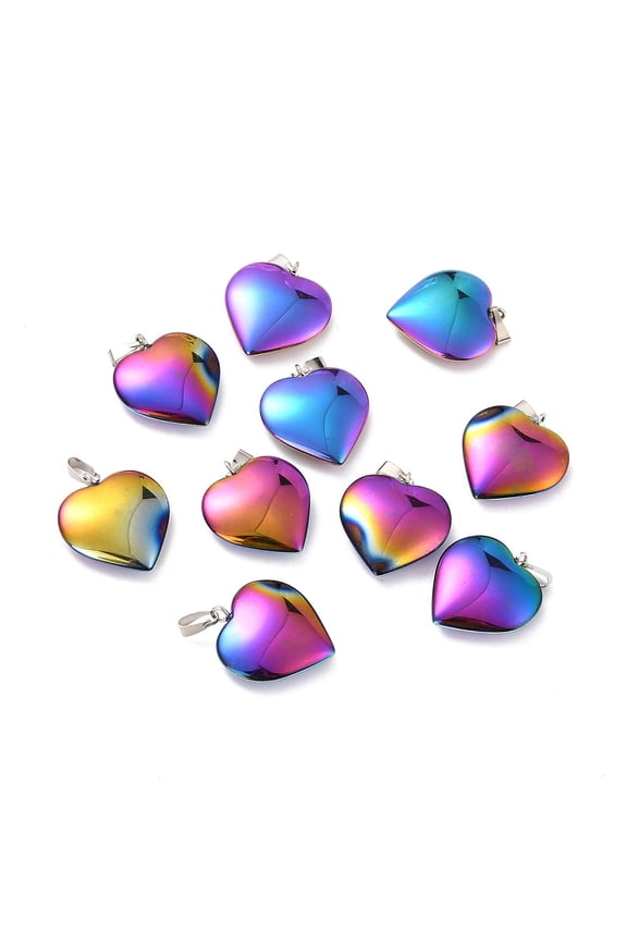 Electroplate Non-magnetic Hematite Pendants with Platinum Tone Brass Findings Rainbow Heart Multi-color Plated 17.5x15x5mm Hole: 6x2.5mm